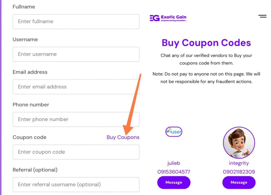 Coupon code sign up system on exotic gain