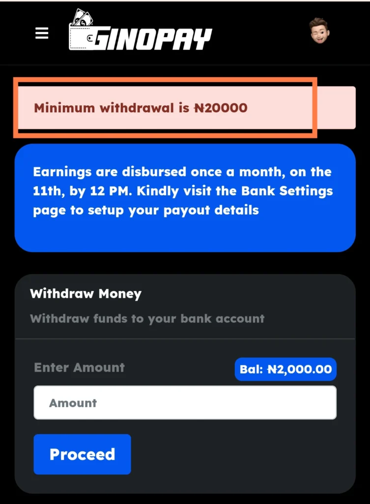 Ginopay minimum withdrawal 