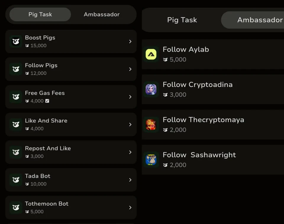 Pigs airdrop tasks 