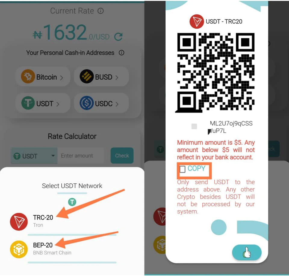 Convert USDT to naira using cash-in 