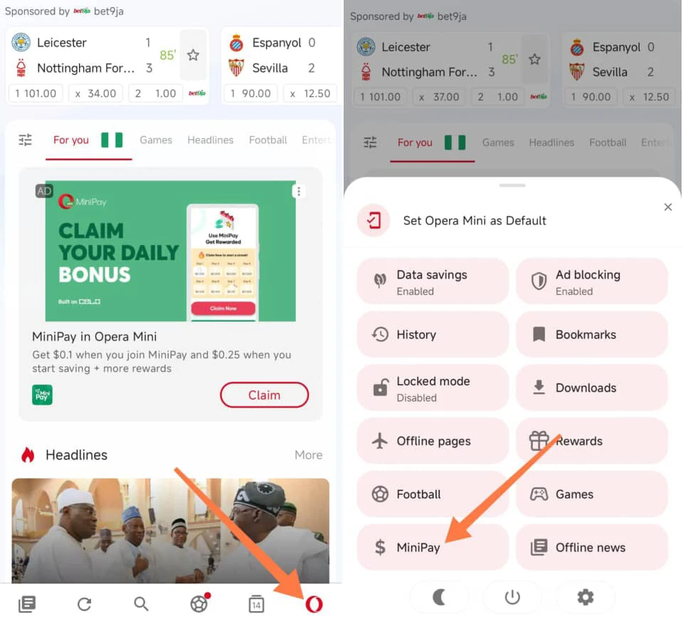 How to access Minipay on Opera Mini 