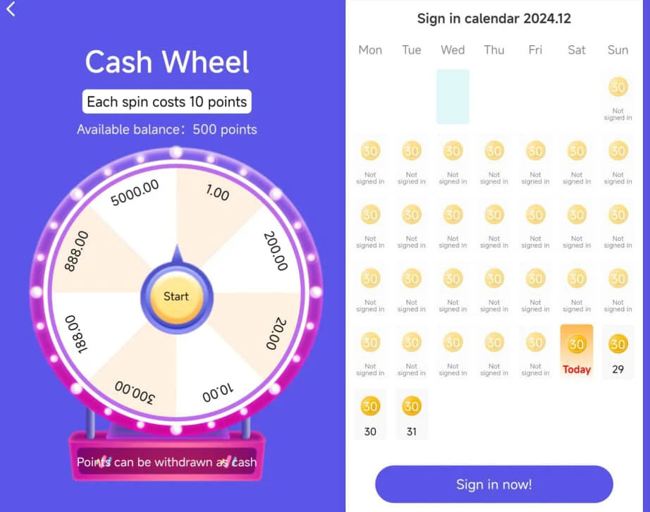 22job lucky wheel and Daily Sign-in calendar 