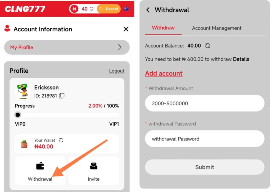 How to withdraw on cl-ng777 