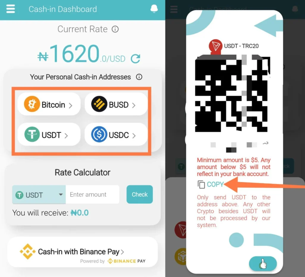 How to copy address on Cash-in app